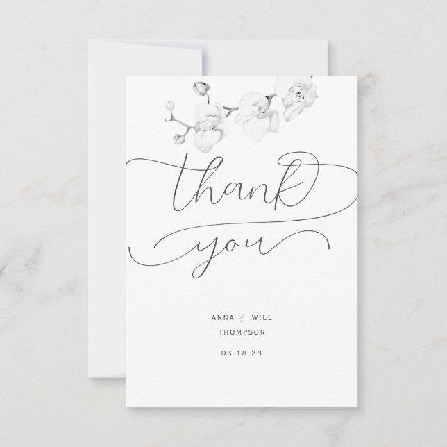 Script Flourishes Orchid Photo Wedding Thank You Card (Front)