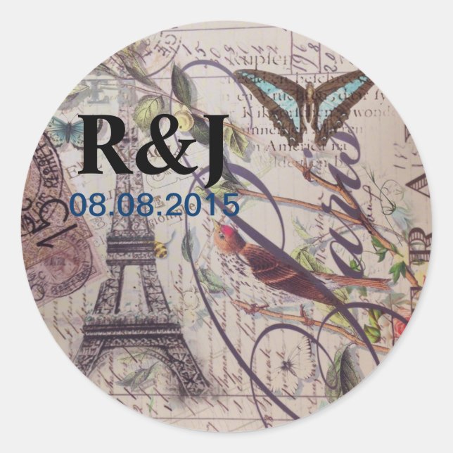 Script French country butterfly Paris Eiffel Tower Classic Round Sticker (Front)