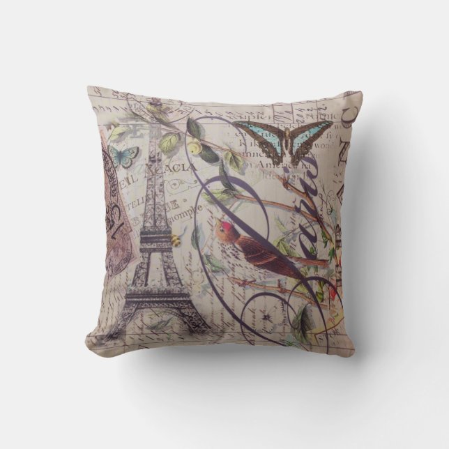 Script French country butterfly Paris Eiffel Tower Throw Pillow (Front)