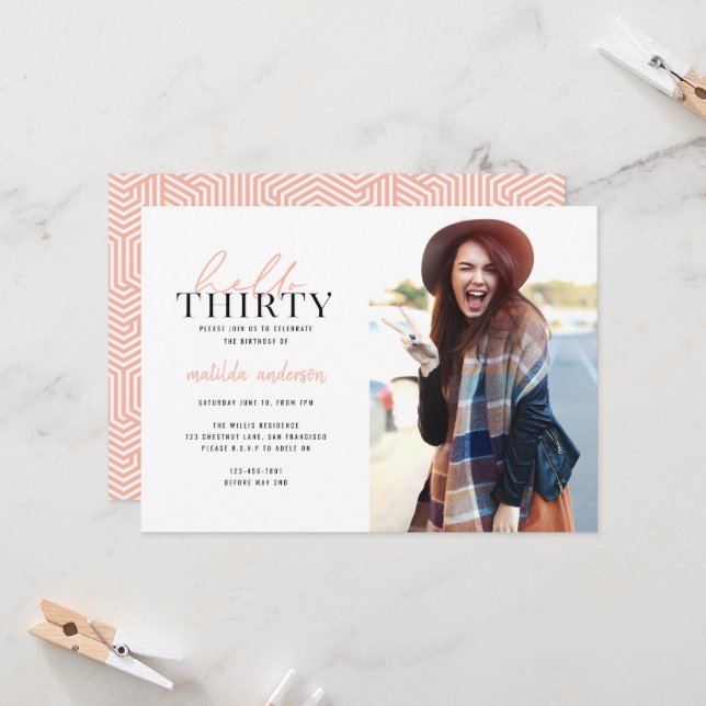 Script & geometric thirtieth birthday photo invite (Front/Back In Situ)