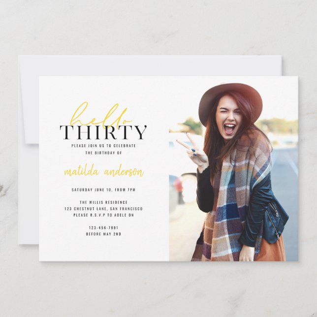 Script & geometric thirtieth birthday photo invite (Front)
