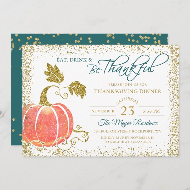 Script Gold Pumpkin Thanksgiving Dinner Invitation (Front/Back)