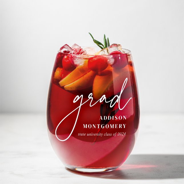 Script Grad Personalized Class of 2025 Graduation Stemless Wine Glass (Creator Uploaded)