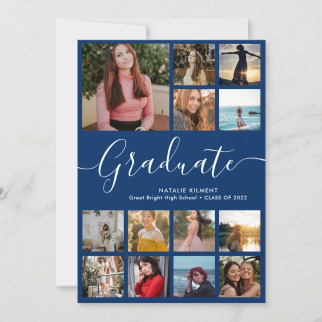 Script Graduate 14 Photo Collage Blue Graduation Announcement (Front)