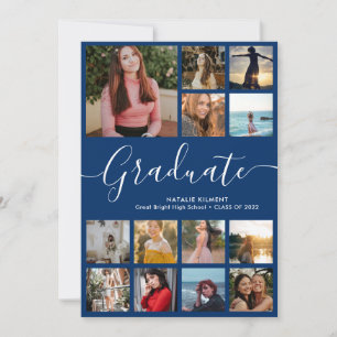 Script Graduate 14 Photo Collage Blue Graduation Announcement