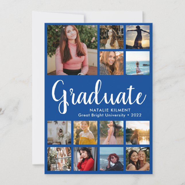Script Graduate 14 Photo Collage Blue Graduation Announcement (Front)