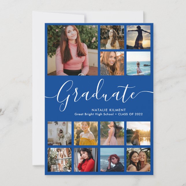 Script Graduate 14 Photo Collage Blue Graduation Invitation (Front)