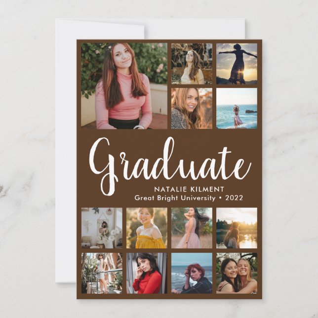 Script Graduate 14 Photo Collage Brown Graduation Invitation (Front)