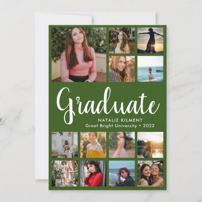 Script Graduate 14 Photo Collage Green Graduation Invitation (Front)