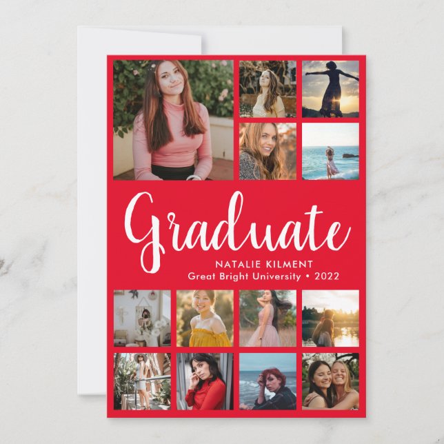 Script Graduate 14 Photo Collage Red Graduation Invitation (Front)