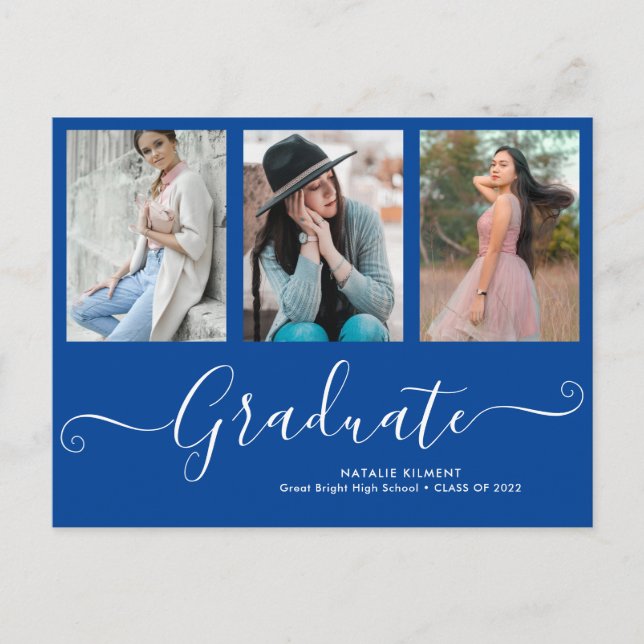 Script Graduate 3 Photo Collage Blue Graduation Announcement Postcard (Front)