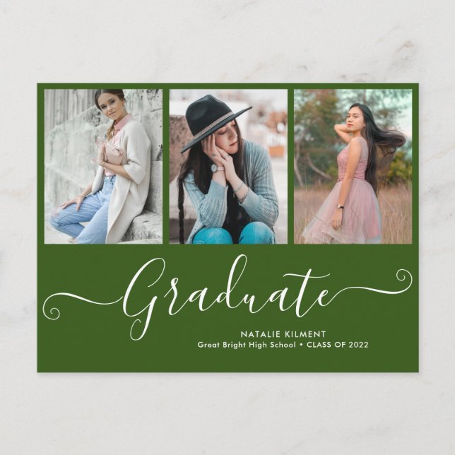 Script Graduate 3 Photo Collage Green Graduation Announcement Postcard (Front)