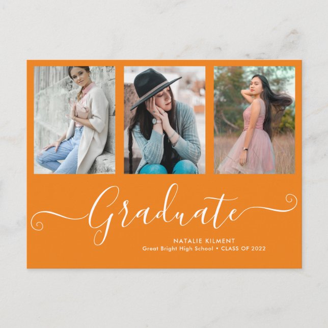 Script Graduate 3 Photo Collage Orange Graduation Announcement Postcard (Front)