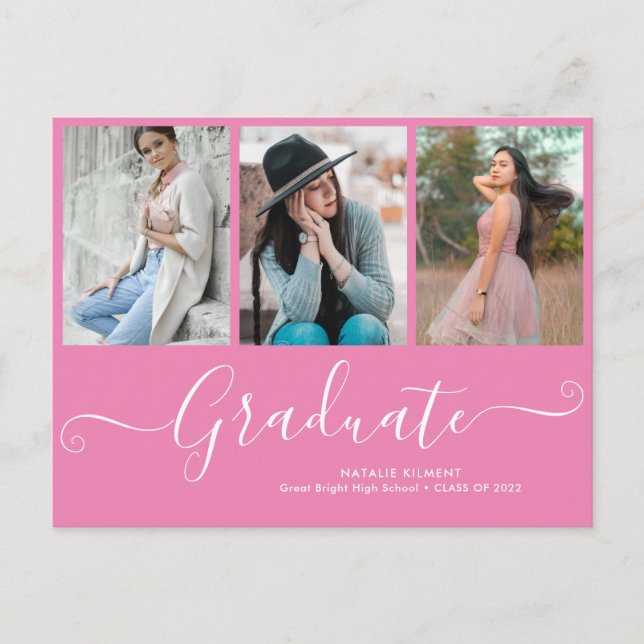 Script Graduate 3 Photo Collage Pink Graduation Announcement Postcard (Front)