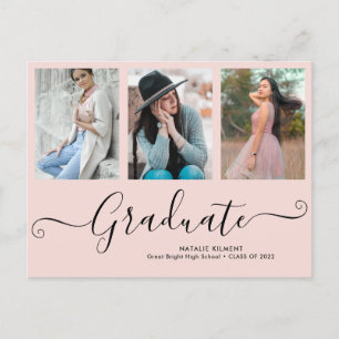 Script Graduate 3 Photo Collage Pink Graduation Announcement Postcard