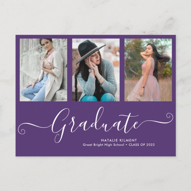 Script Graduate 3 Photo Collage Purple Graduation Announcement Postcard (Front)