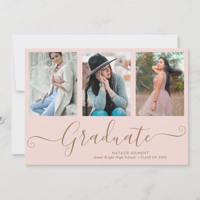 Script Graduate 4 Photo Collage Pink Graduation Announcement (Front)