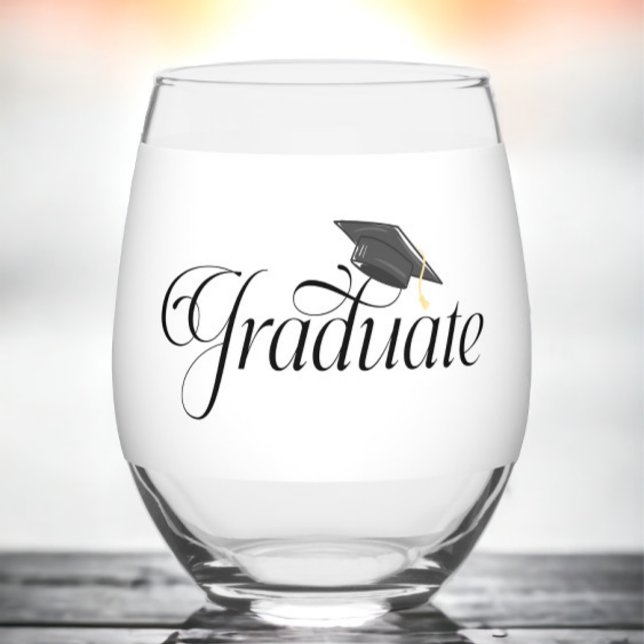 Script Graduate Personalized with Grad Cap Class Stemless Wine Glass (Creator Uploaded)