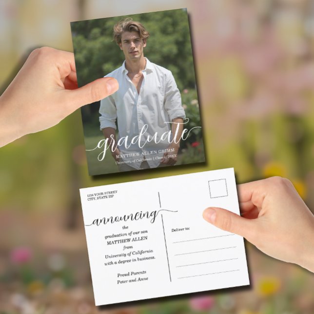Script Graduation Announcement Postcard (Graduate script photo postcard graduation announcements)