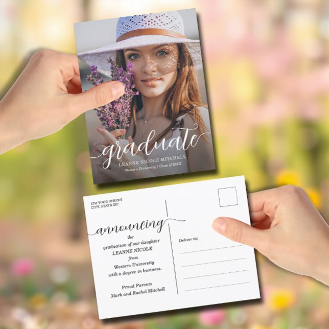 Script Graduation Announcement Postcard (Graduate script photo postcard graduation announcements)