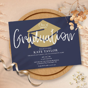Script Graduation Navy Blue And Gold Grad Party Invitation
