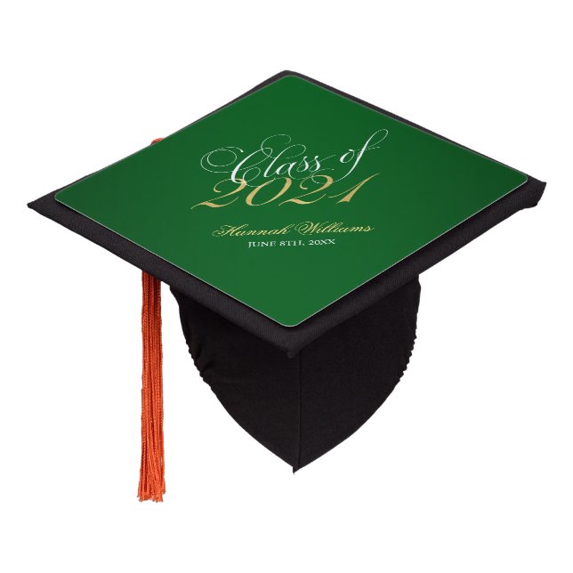 Script Green Faux Gold Class of 2021 Graduation Cap Topper (Angled)