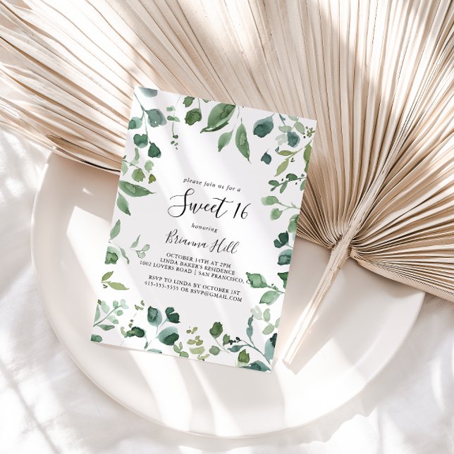 Script Green Foliage Sweet 16 Birthday Party  Invitation (Creator Uploaded)