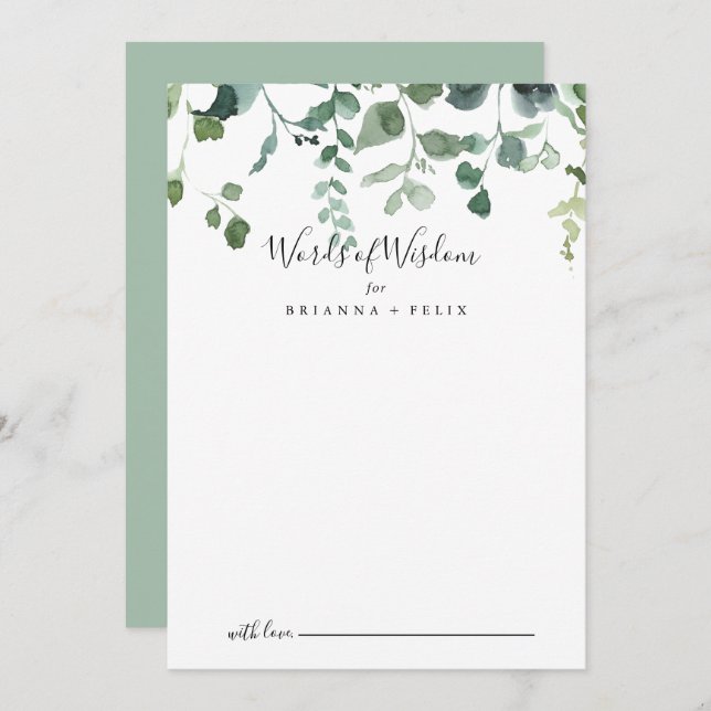 Script Green Foliage Wedding Words of Wisdom  Advice Card (Front/Back)
