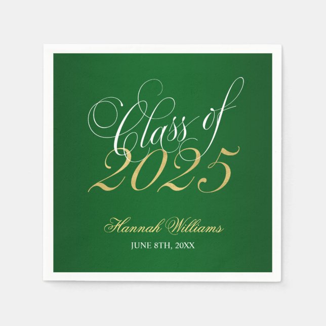 Script Green Gold Class of 2025 Graduation Napkin (Front)