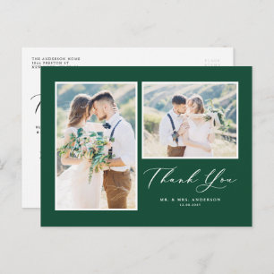 Script Green Two Photo Wedding Thank You Postcard