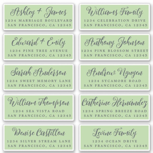 Script Green Wedding Guest Address Labels (Front)