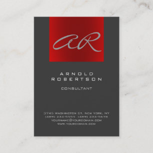Script Grey Red Trendy Monogram Business Card