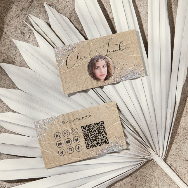  Script Grunge Glam Social Media QR Code Add Photo Business Card (Creator Uploaded)