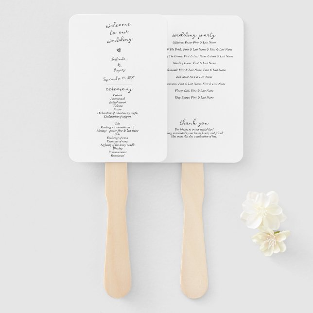 Script Hand Written Typography Wedding Program Fan (Front and Back)