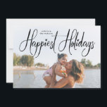 Script Handwriting Happiest Holiday Photo Card<br><div class="desc">A beautiful Script Handwriting Happiest Holiday Photo Card design with a chalkboard graphic on the back with a snowflake pattern in navy. Happiest Holidays,  stars and handwriting script font.</div>