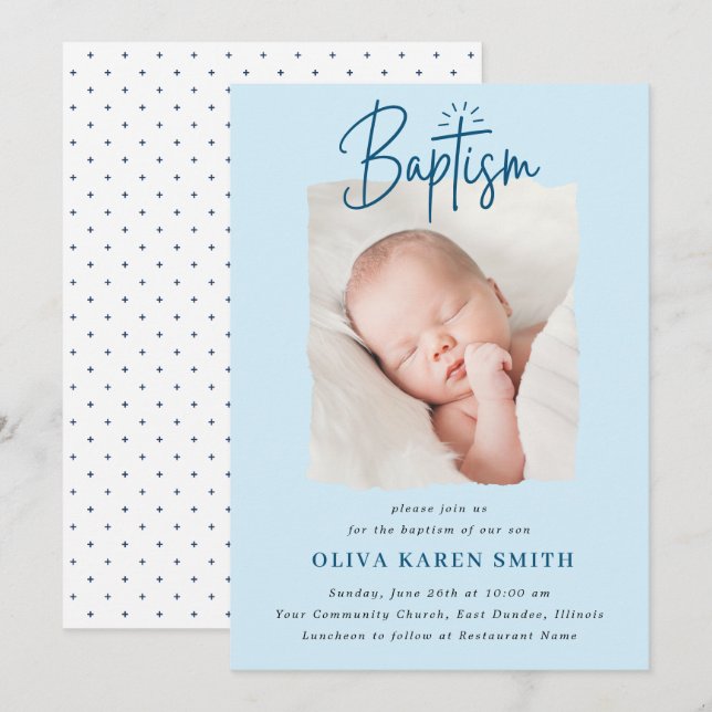 Script Handwritten Baptism Christening Photo Boy  Invitation (Front/Back)