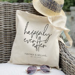 Script Happily ever after Personalized Wedding Tote Bag<br><div class="desc">This personalized wedding tote bag is the perfect accessory for any bride-to-be or newlywed couple. The design features an elegant script font with the words "Happily Ever After" in a delicate calligraphy style, making it a romantic and timeless piece. The bag is a spacious interior that can hold all your...</div>