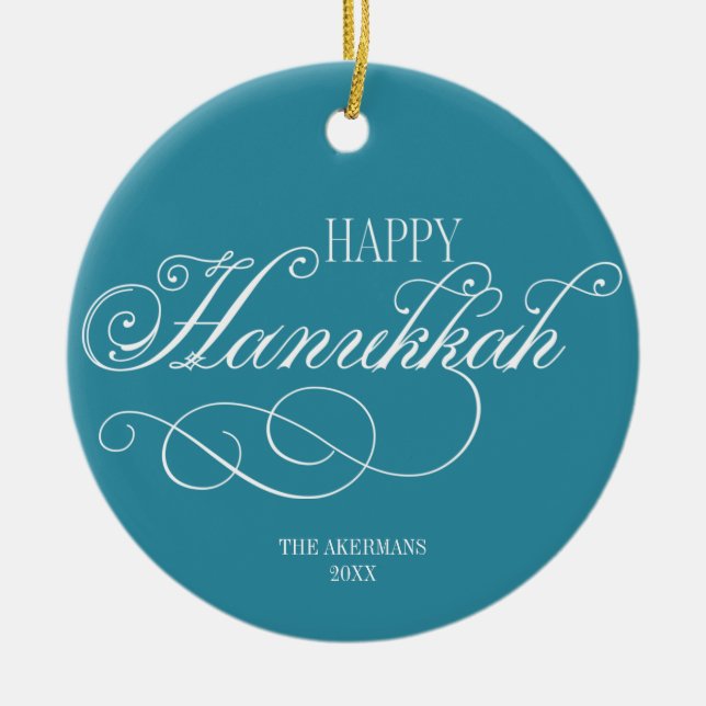 Script Happy Hanukkah Holiday Ceramic Ornament (Front)