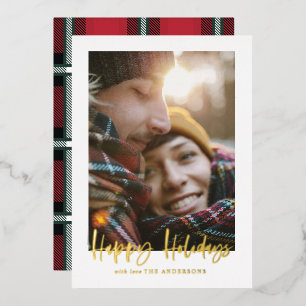 script happy holidays red tartan photo holiday car