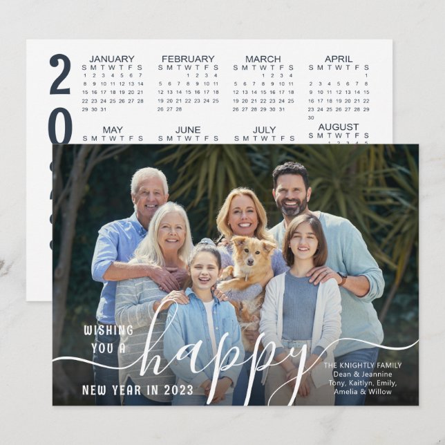 Script HAPPY NEW YEAR Photo Overlay 2023 Calendar Holiday Card (Front/Back)