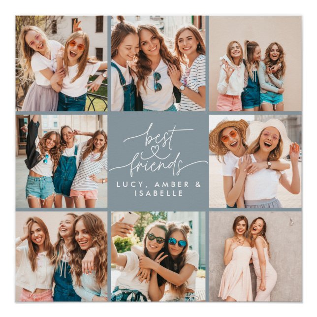 Script heart blue modern multi photo best friends poster (Front)