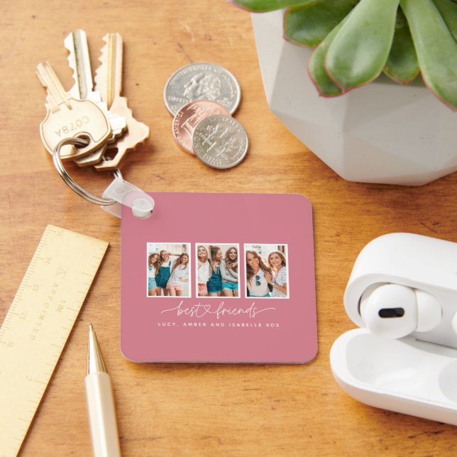 Script heart cute modern multi photo best friends keychain (Desk)