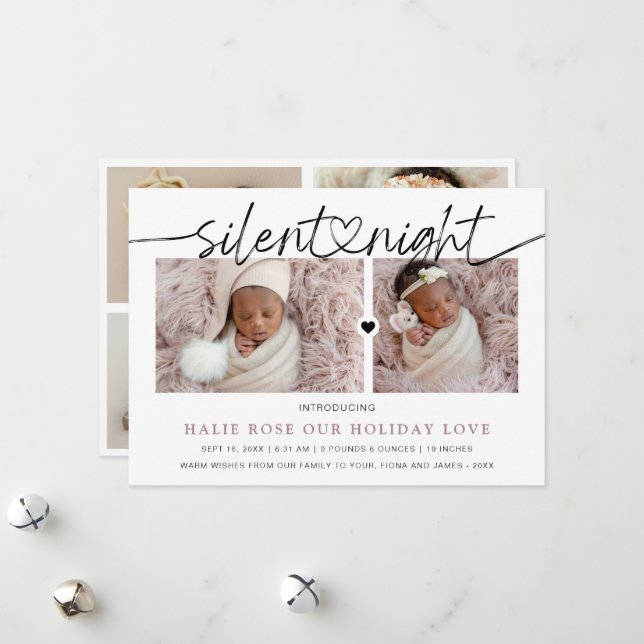 Script Heart Linked Silent Night Photo Collage Holiday Card (Front/Back In Situ)
