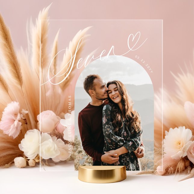 Script Heart Photo Wedding Table Number Seven Acrylic Sign (Script Heart Photo Wedding Table Number Seven Acrylic Sign)