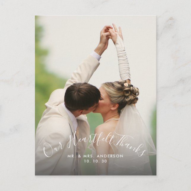 Script Heartfelt Thanks 2 Photo Wedding Thank You Postcard (Front)