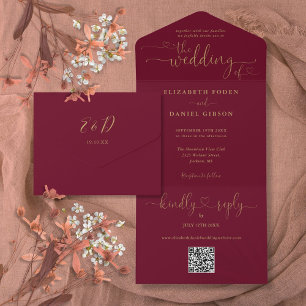 Script Hearts Burgundy And Gold QR Code Wedding All In One Invitation