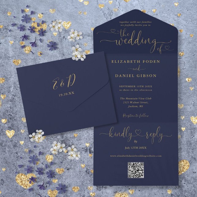 Script Hearts Navy Blue And Gold QR Code Wedding All In One Invitation (Script Hearts Navy Blue And Gold QR Code Wedding All In One Invitation)