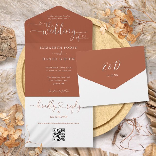 Script Hearts Terracotta QR Code Wedding All In One Invitation (Script Hearts Terracotta QR Code Wedding All In One Invitation)