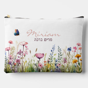 Script Hebrew Name Elegant Watercolor Floral Accessory Pouch