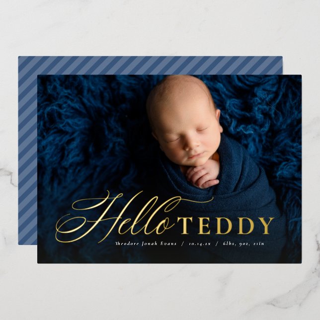 Script hello classic blue photo birth announcement (Front/Back)